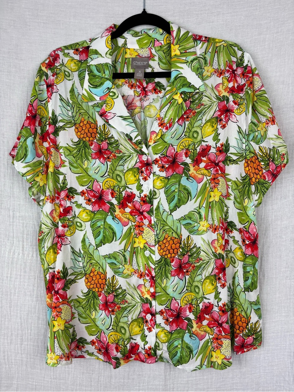 Chico's Tropical Fruit & Floral Button-Down Women's Shirt in White, Green, Red